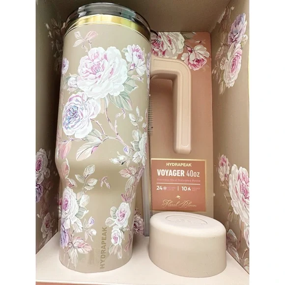 NWT Limited Edition Hydrapeak Floral Bloom Voyager 40oz Tumbler in Pink and Tan - Picture 2 of 4